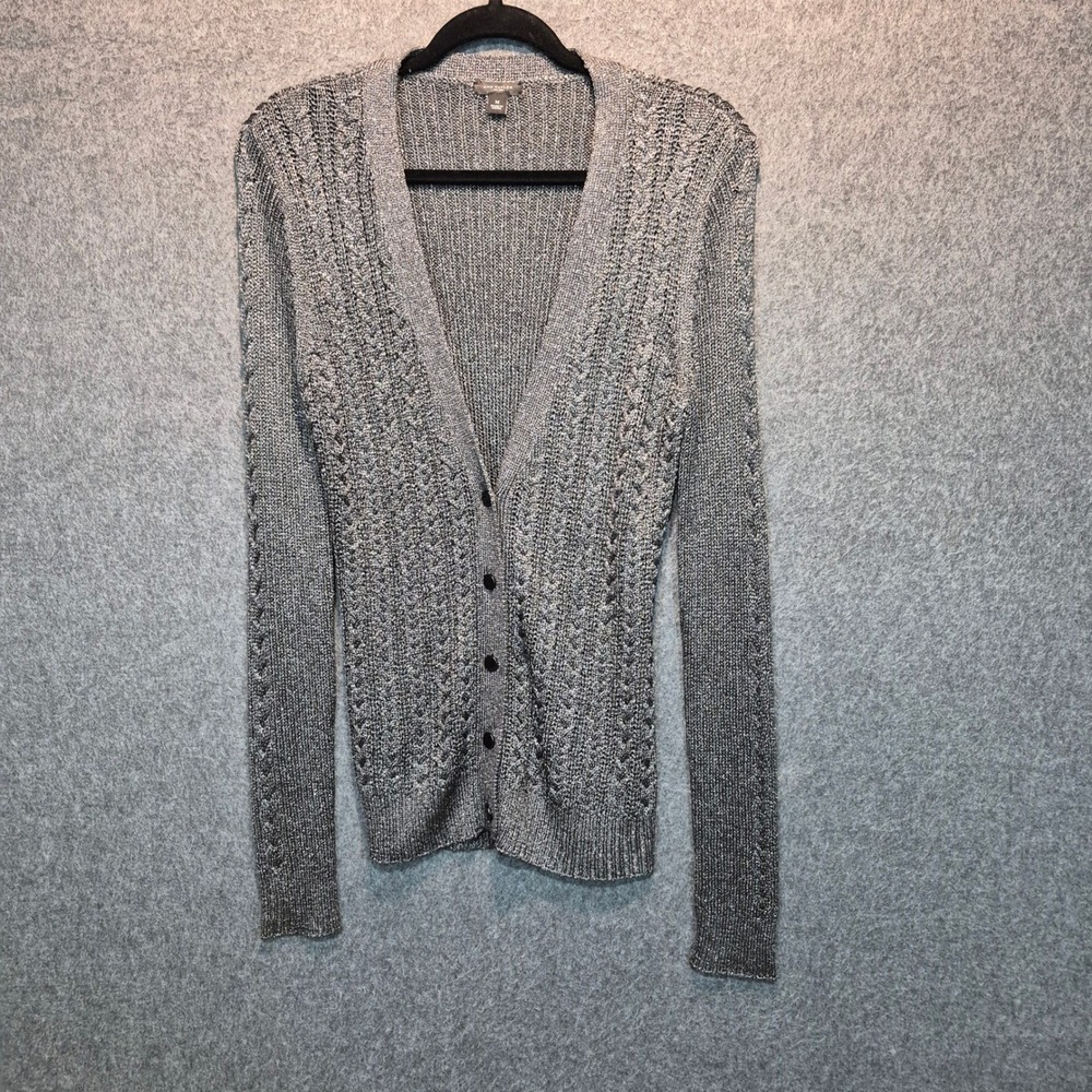 Ann Taylor Metallic Gray Button Front Cardigan Med Cottagecore Cozy Chic